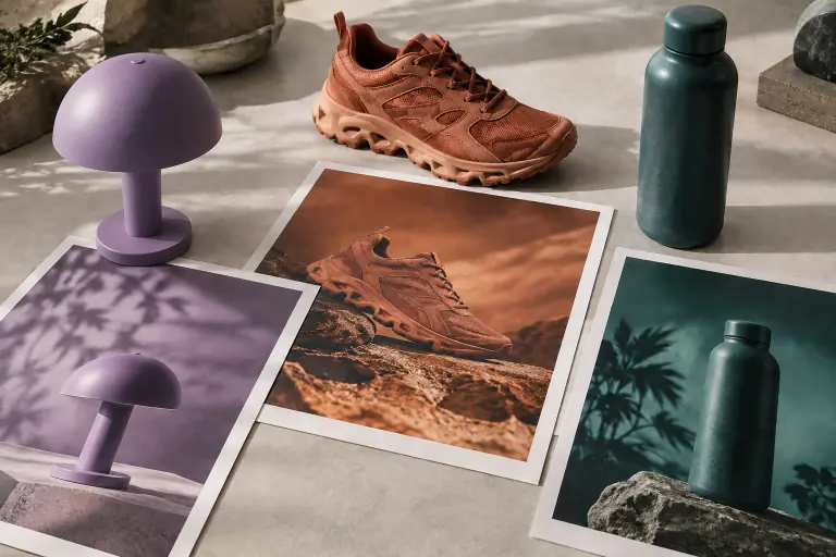 Fotografia illustrativa generata: tre identità di brand, con lampada viola, sneaker terracotta e borraccia verde petrolio, riunite con le rispettive immagini di campagna su un unico tavolo creativo.