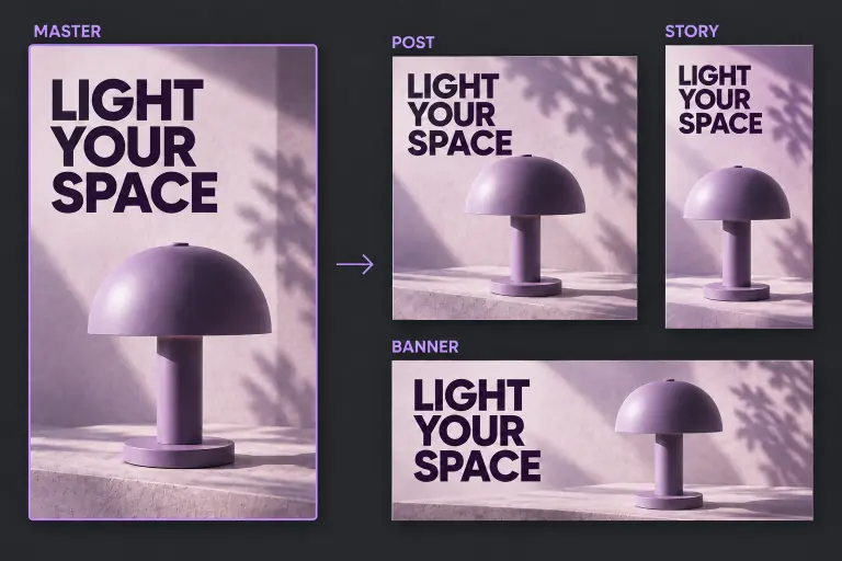Concept illustrativo generato, non una schermata dell’app: da un canvas master con la lampada viola e il testo LIGHT YOUR SPACE derivano un post quadrato, una storia verticale e un banner orizzontale.