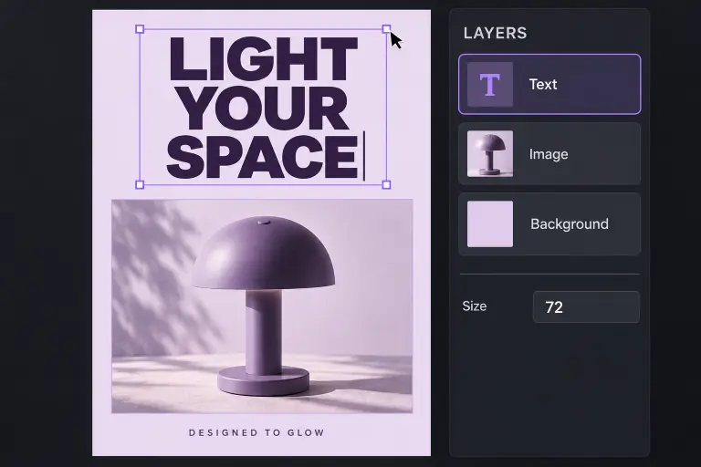 Concept illustrativo generato, non un editor interattivo: un canvas con lampada viola e testo LIGHT YOUR SPACE selezionato, maniglie di ridimensionamento e livelli separati per testo, immagine e sfondo.